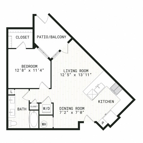 Floor plan for 1 bed, 1 bath, 748 sqft